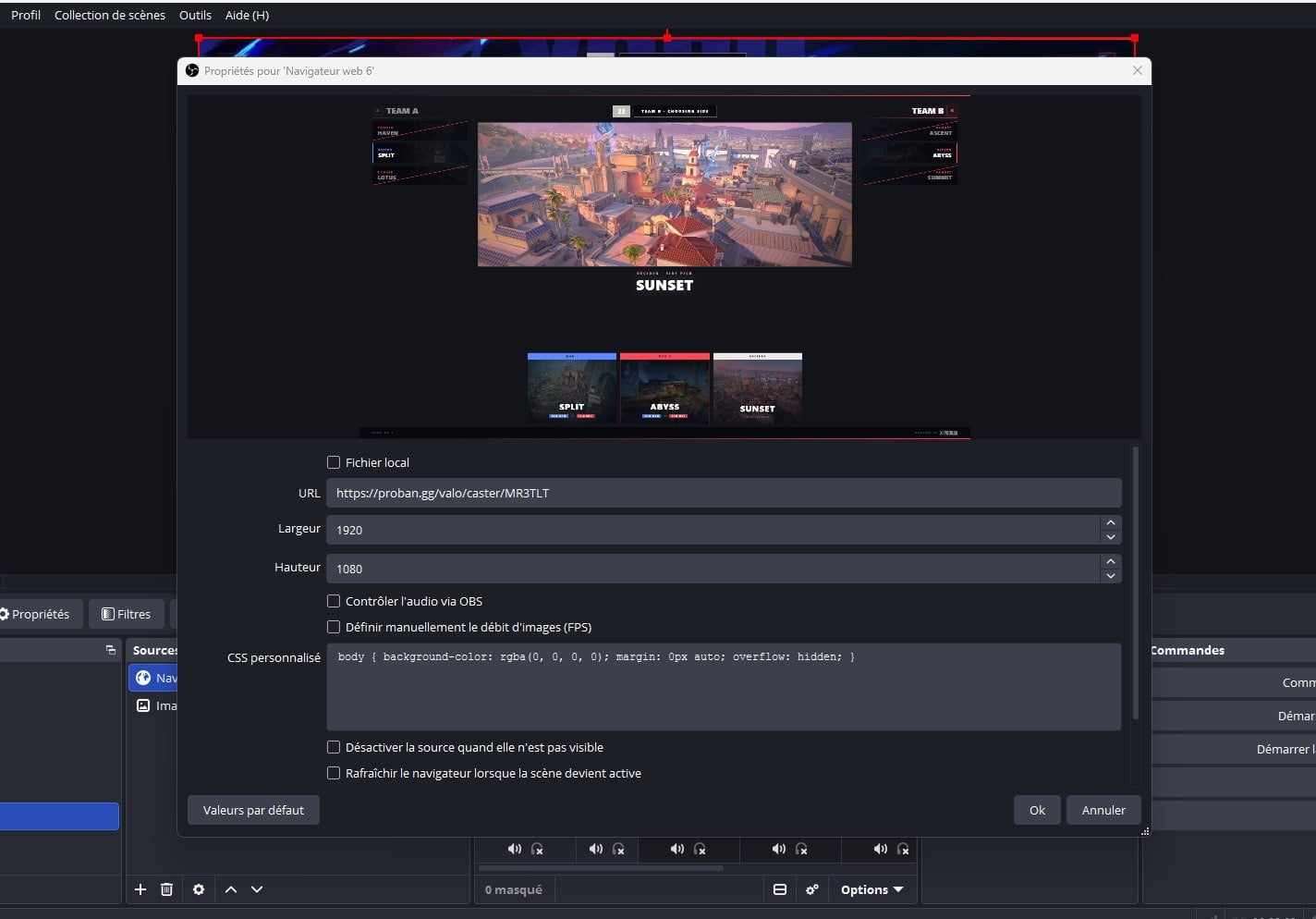OBS browser source properties: overlay URL, 1920 by 1080, shutdown option unchecked